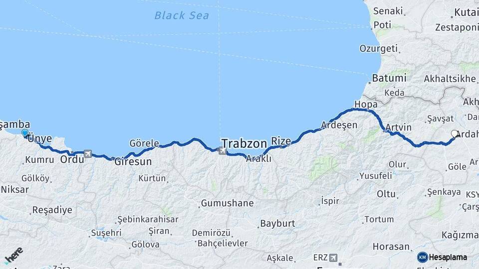 Ordu Ünye Ardahan Arası Kaç Km - Yol Haritası