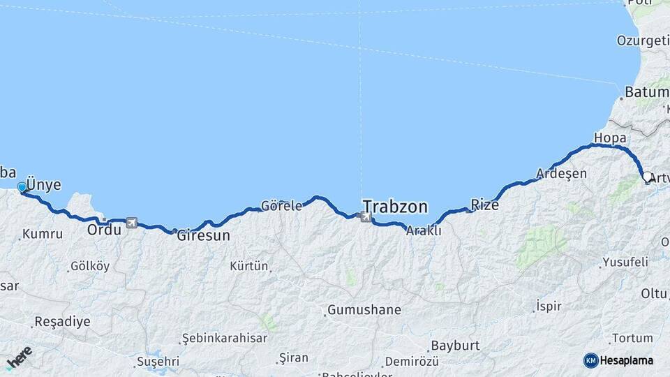 Ordu Ünye Artvin Arası Kaç Km - Yol Haritası