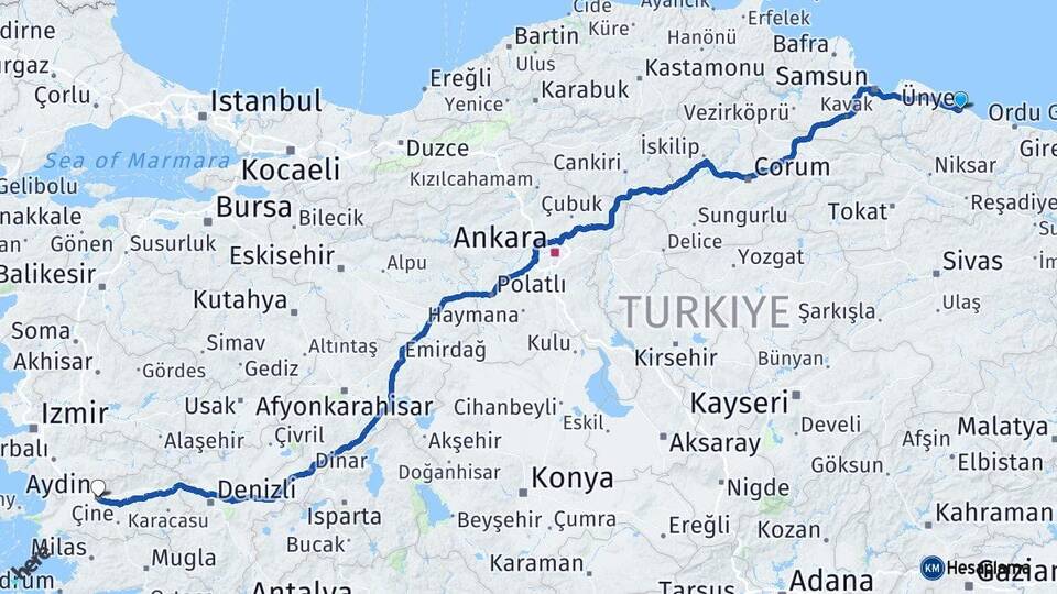 Ordu Ünye Aydın Arası Kaç Km - Yol Haritası