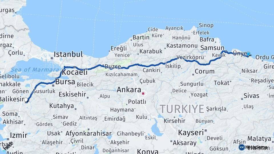 Ordu Ünye Balıkesir Arası Kaç Km - Yol Haritası