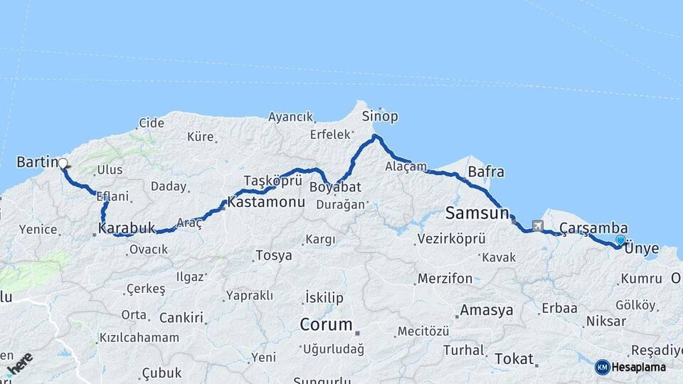 Ordu Ünye Bartın Arası Kaç Km - Yol Haritası
