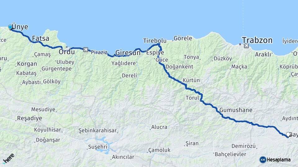 Ordu Ünye Bayburt Arası Kaç Km - Yol Haritası