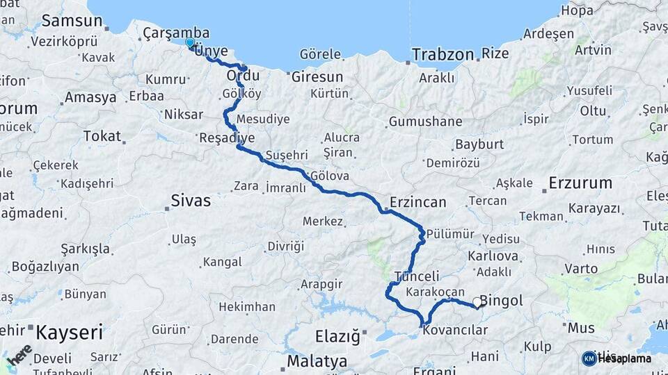 Ordu Ünye Bingöl Arası Kaç Km - Yol Haritası