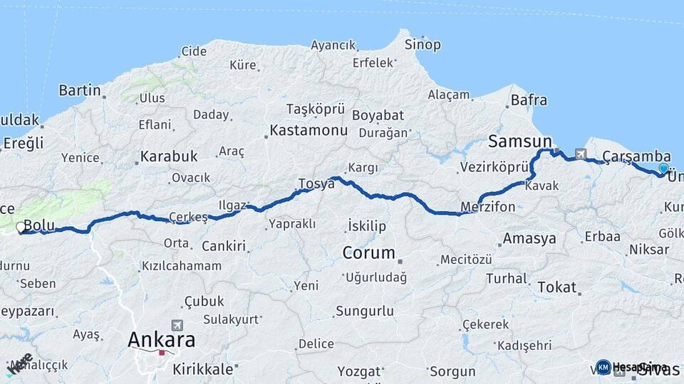 Ordu Ünye Bolu Arası Kaç Km - Yol Haritası