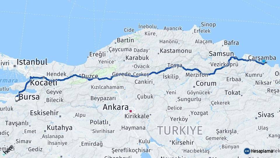 Ordu Ünye Bursa Arası Kaç Km - Yol Haritası