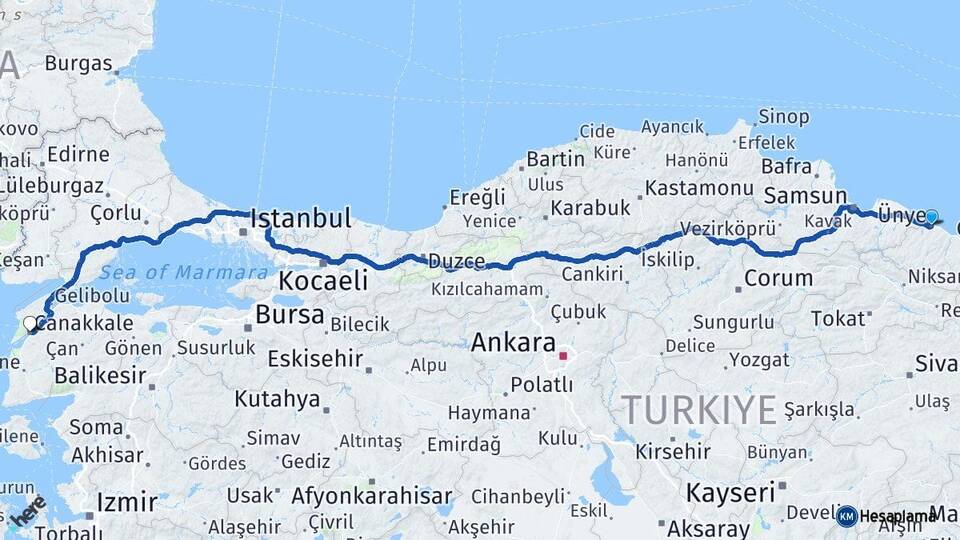 Ordu Ünye Çanakkale Arası Kaç Km - Yol Haritası