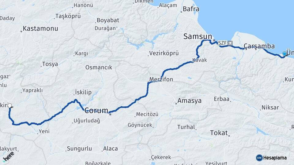 Ordu Ünye Çankırı Arası Kaç Km - Yol Haritası