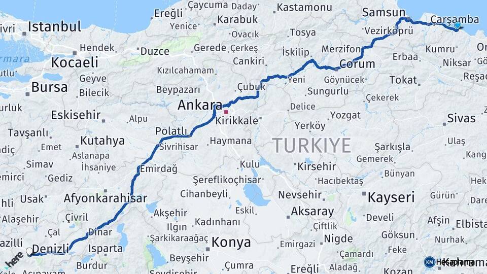 Ordu Ünye Denizli Arası Kaç Km - Yol Haritası