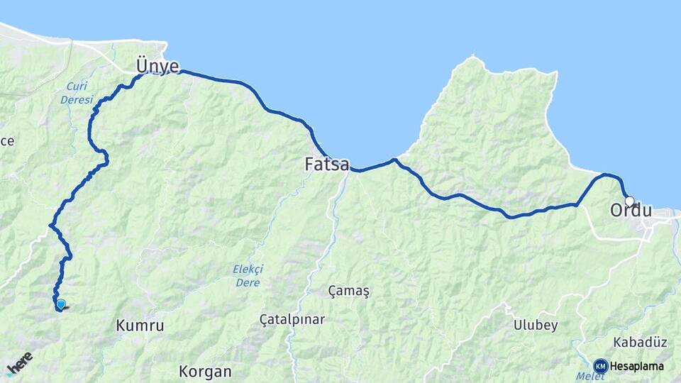 Ordu Ünye Dereköy Arası Kaç Km - Yol Haritası