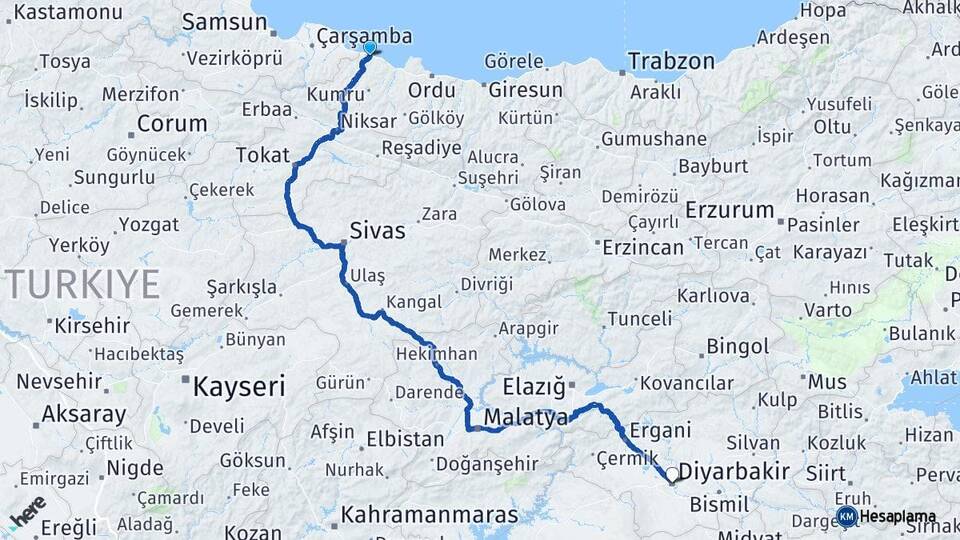 Ordu Ünye Diyarbakır Arası Kaç Km - Yol Haritası