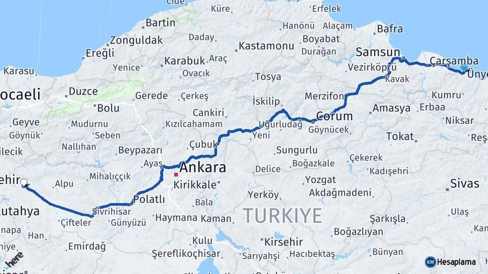 Ordu Ünye Eskişehir Arası Kaç Km - Yol Haritası