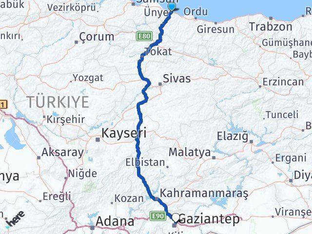 Ordu Ünye Gaziantep Arası Kaç Km - Yol Haritası