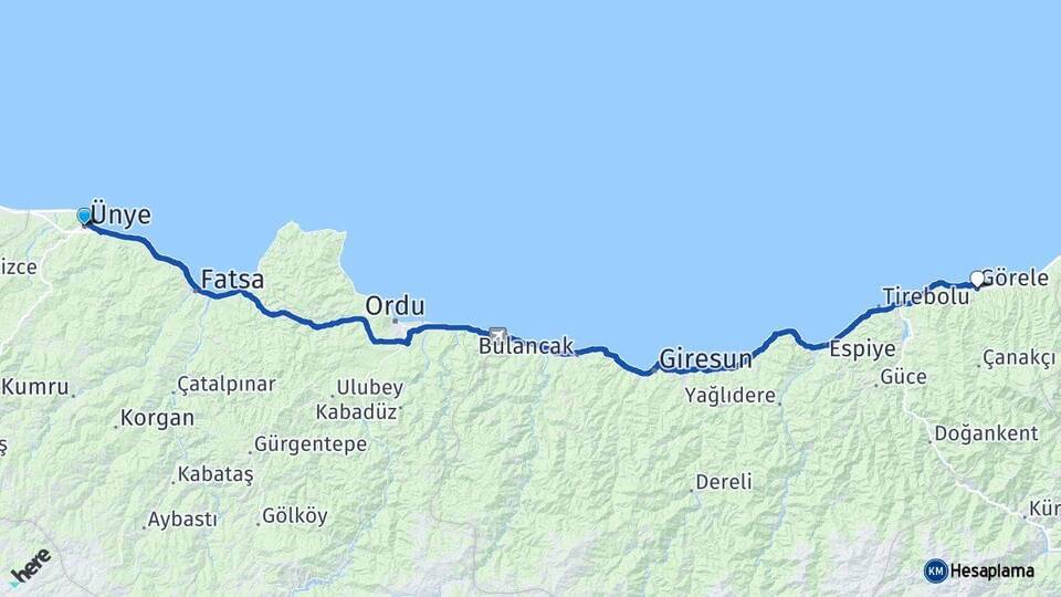 Ordu Ünye Görele Giresun Arası Kaç Km - Yol Haritası
