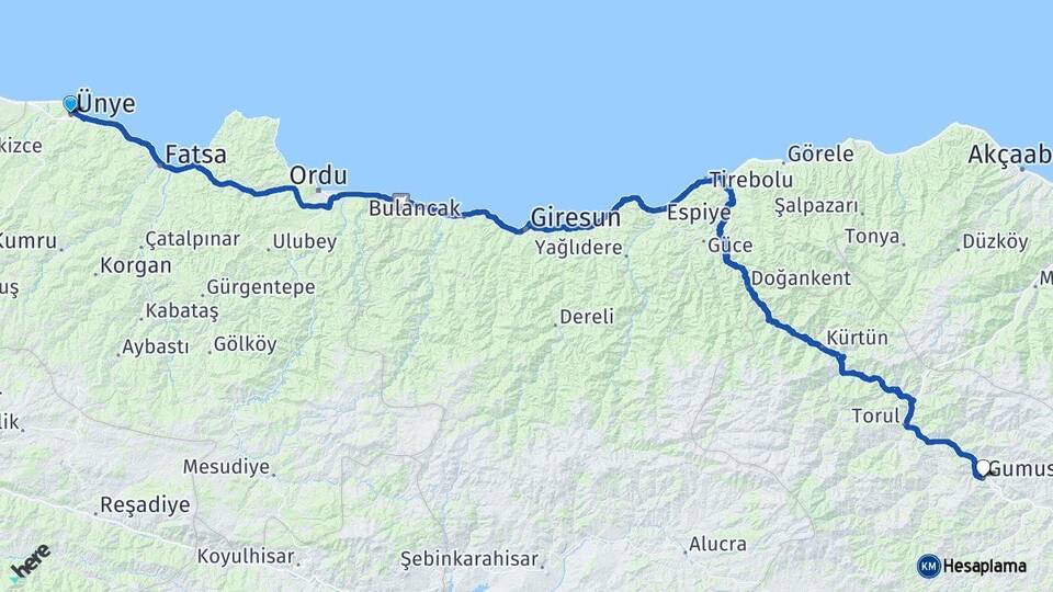 Ordu Ünye Gümüşhane Arası Kaç Km - Yol Haritası