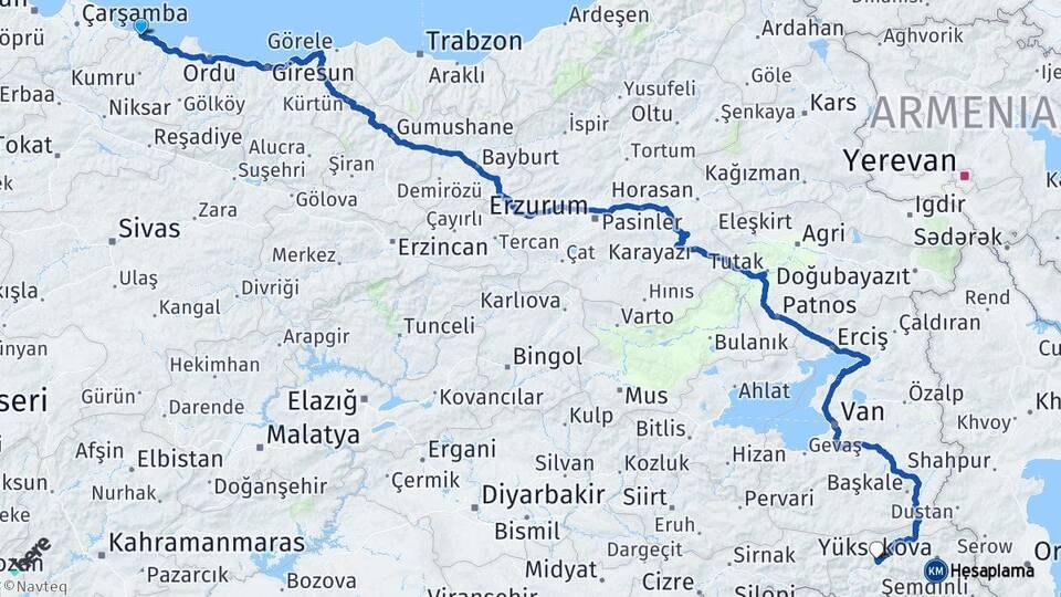 Ordu Ünye Hakkari Arası Kaç Km - Yol Haritası