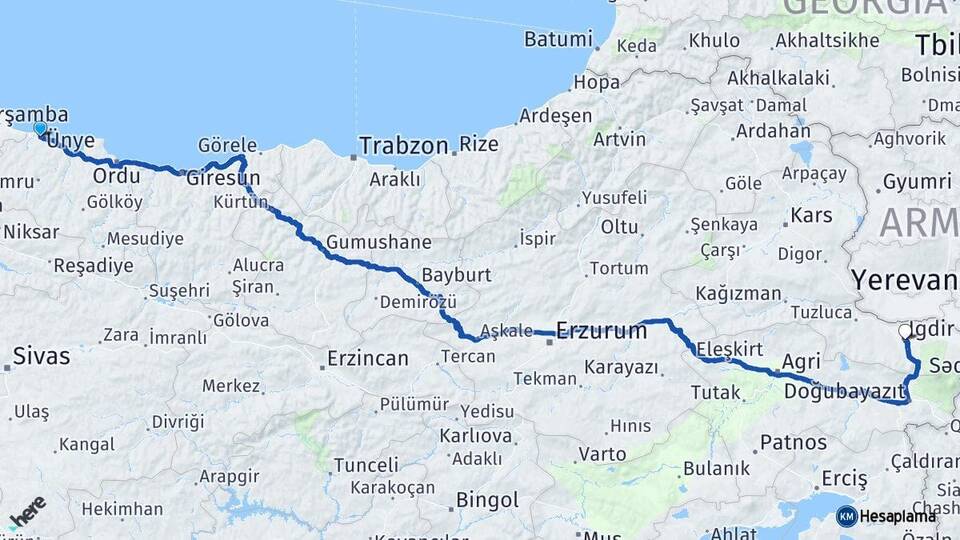 Ordu Ünye Iğdır Arası Kaç Km - Yol Haritası