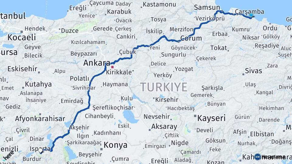 Ordu Ünye Isparta Arası Kaç Km - Yol Haritası