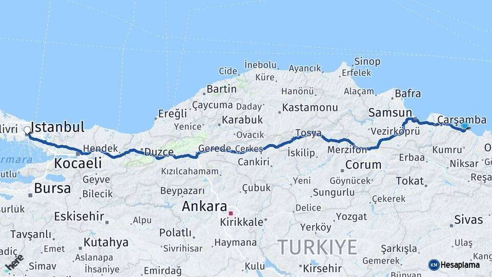 Ordu Ünye İstanbul Arası Kaç Km - Yol Haritası