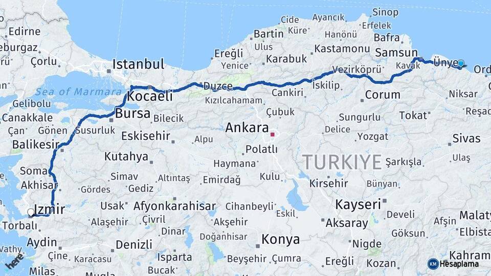 Ordu Ünye İzmir Arası Kaç Km - Yol Haritası