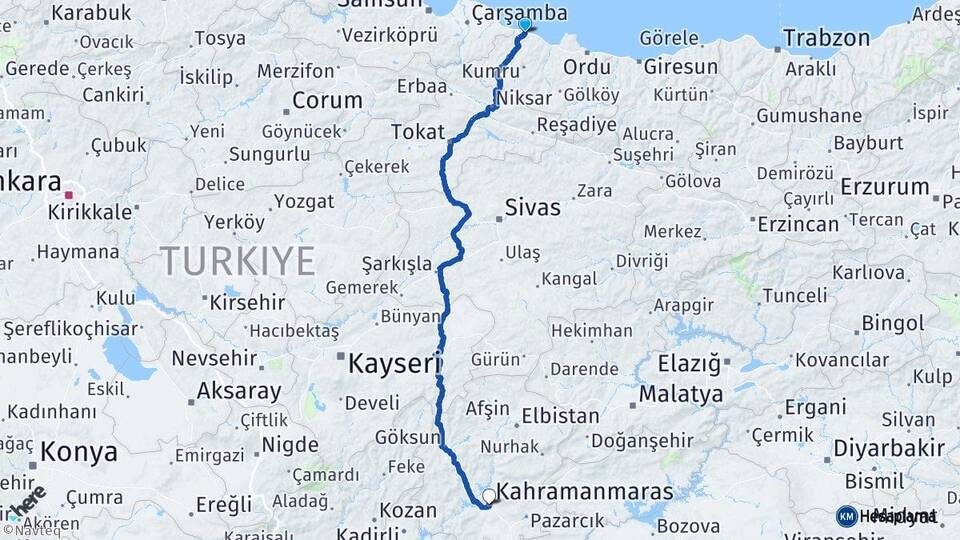 Ordu Ünye Kahramanmaraş Arası Kaç Km - Yol Haritası
