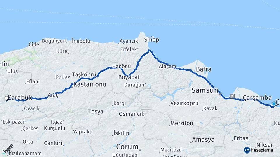 Ordu Ünye Karabük Arası Kaç Km - Yol Haritası