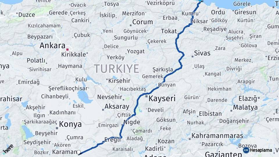Ordu Ünye Karaman Arası Kaç Km - Yol Haritası