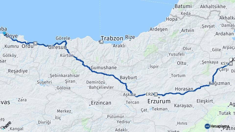 Ordu Ünye Kars Arası Kaç Km - Yol Haritası