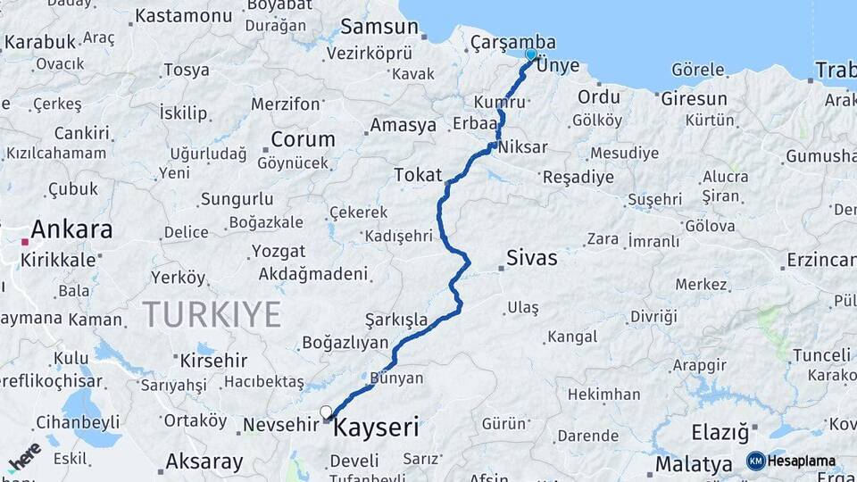 Ordu Ünye Kayseri Arası Kaç Km - Yol Haritası
