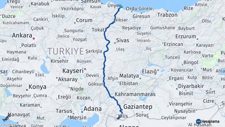 Ordu Ünye Kilis Arası Kaç Km - Yol Haritası