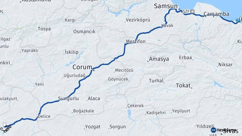 Ordu Ünye Kırıkkale Arası Kaç Km - Yol Haritası