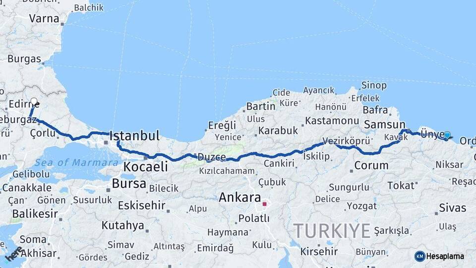 Ordu Ünye Kırklareli Arası Kaç Km - Yol Haritası