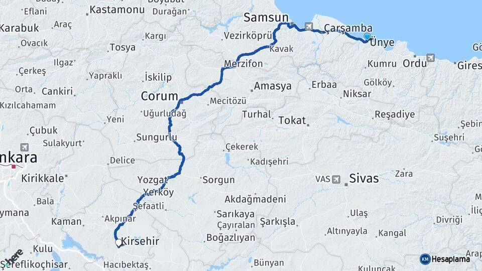 Ordu Ünye Kırşehir Arası Kaç Km - Yol Haritası