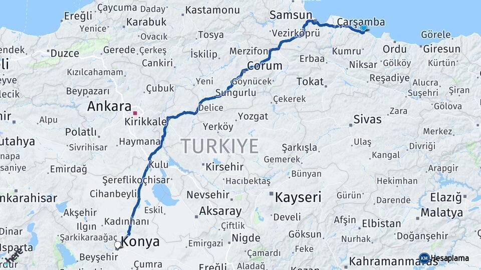 Ordu Ünye Konya Arası Kaç Km - Yol Haritası