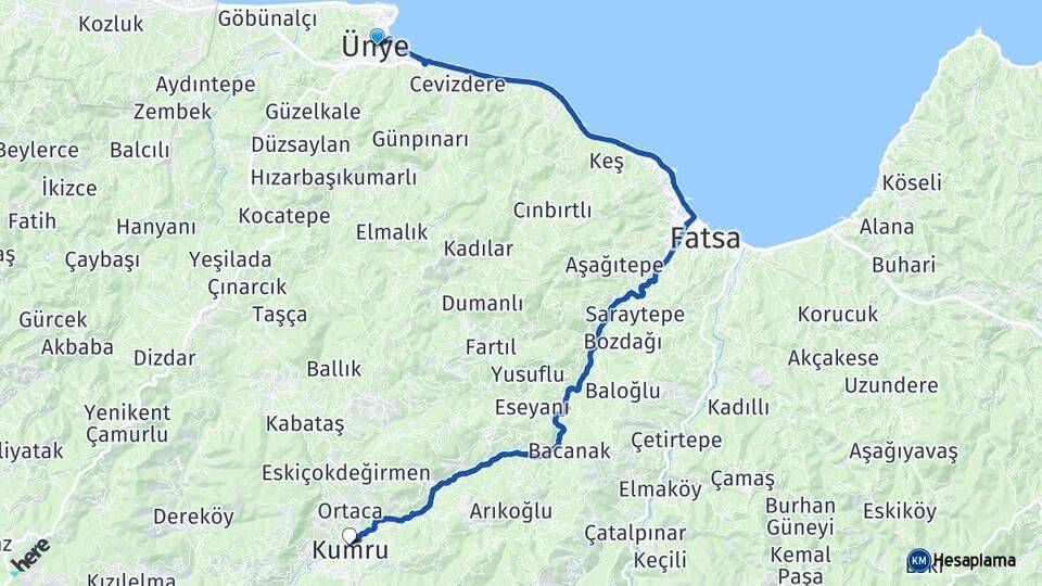 Ordu Ünye Kumru Arası Kaç Km - Yol Haritası