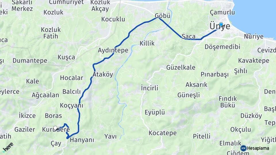 Ordu Ünye Kurudere Çaybaşı Arası Kaç Km - Yol Haritası