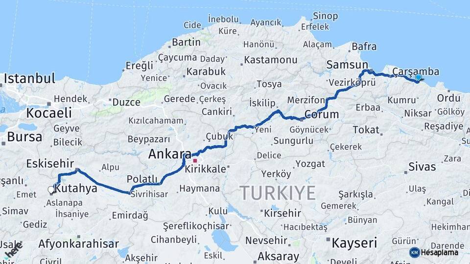 Ordu Ünye Kütahya Arası Kaç Km - Yol Haritası