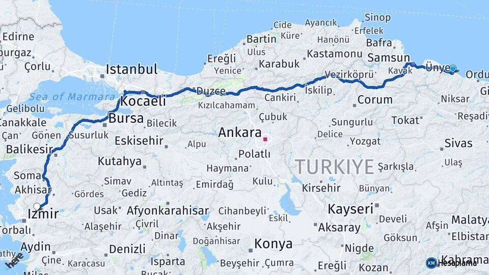 Ordu Ünye Manisa Arası Kaç Km - Yol Haritası