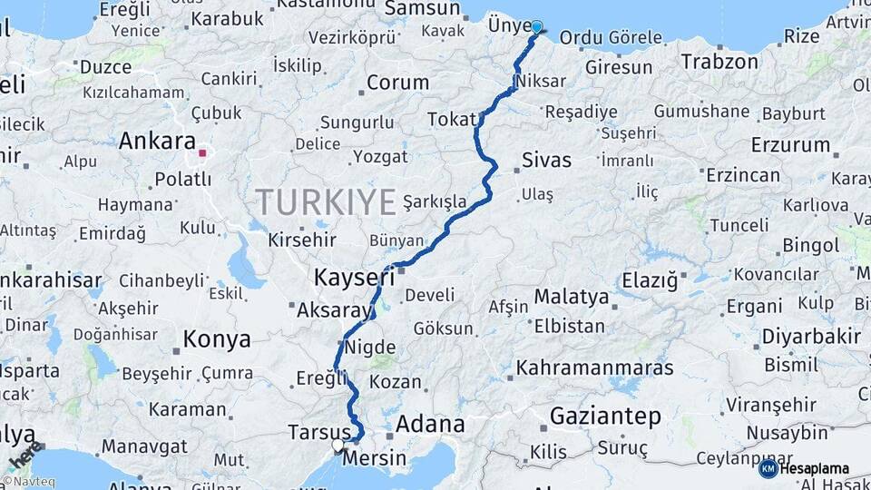 Ordu Ünye Mersin Arası Kaç Km - Yol Haritası
