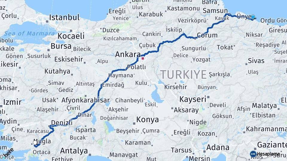 Ordu Ünye Muğla Arası Kaç Km - Yol Haritası