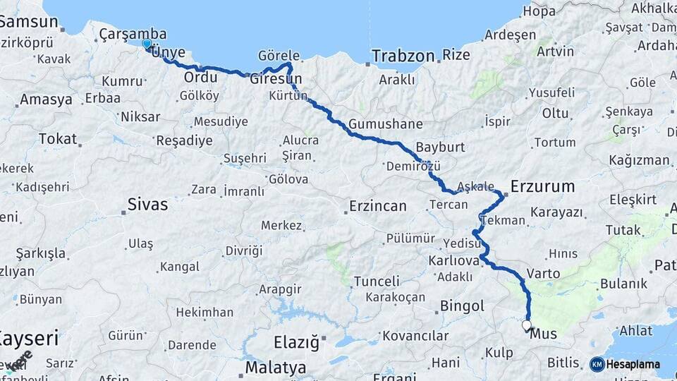 Ordu Ünye Muş Arası Kaç Km - Yol Haritası
