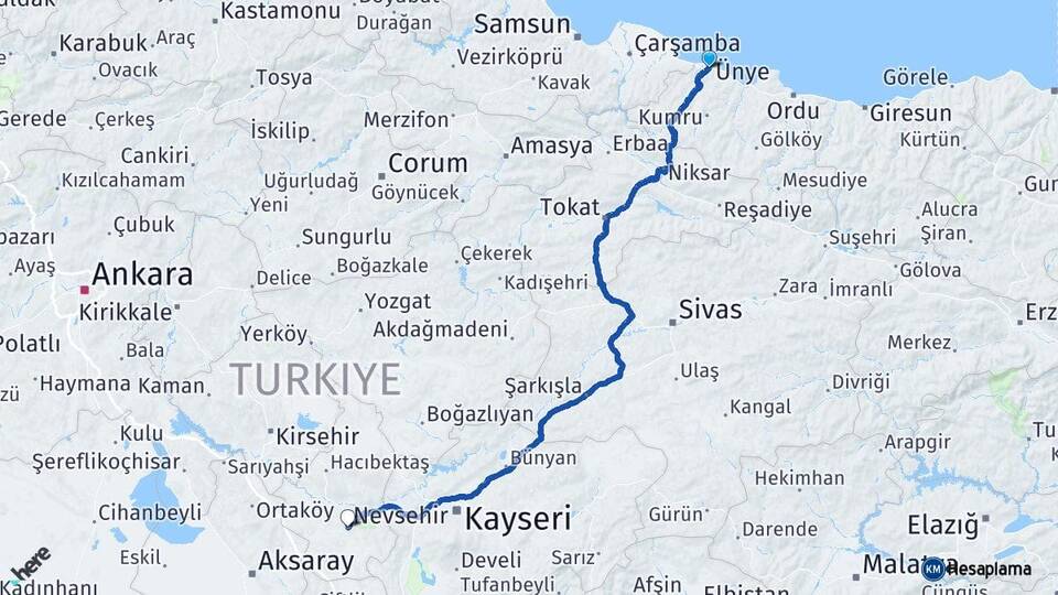 Ordu Ünye Nevşehir Arası Kaç Km - Yol Haritası