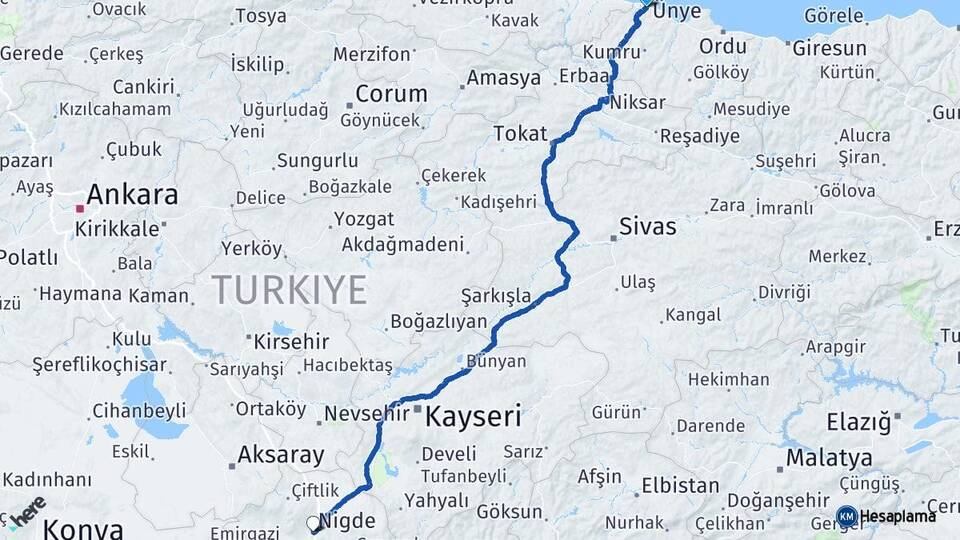 Ordu Ünye Niğde Arası Kaç Km - Yol Haritası