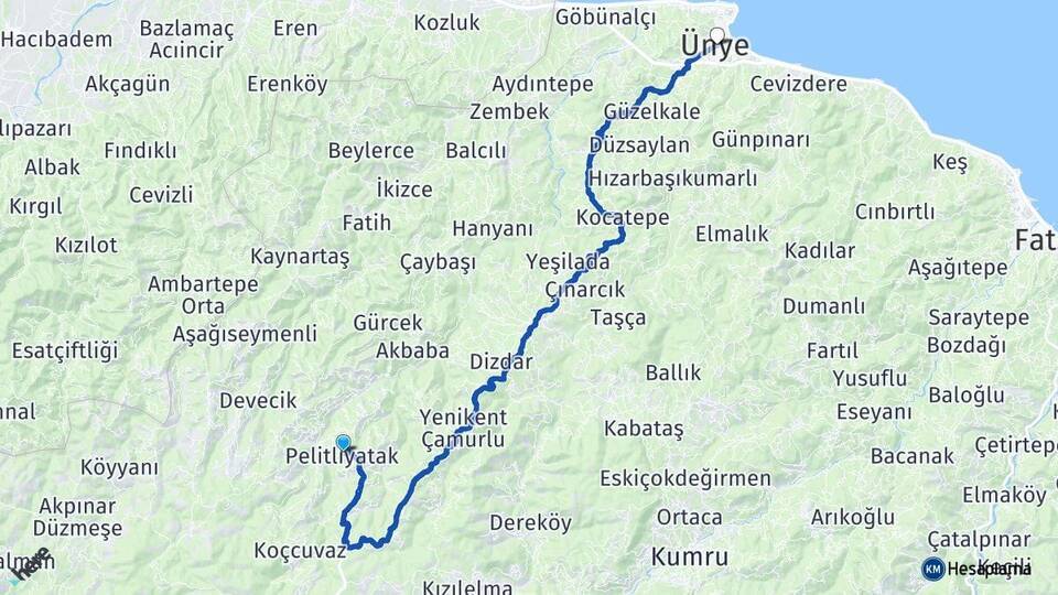Pelitliyatak Ünye Arası Kaç Km - Yol Tarifi