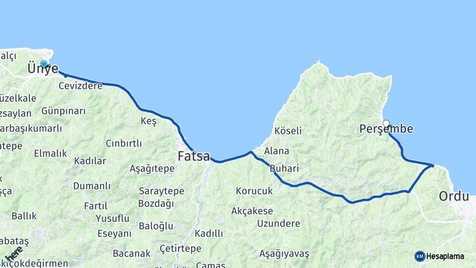 Ordu Ünye Perşembe Arası Kaç Km - Yol Haritası