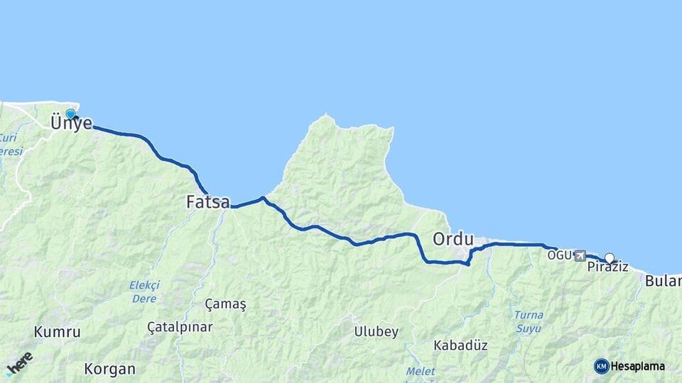 Ordu Ünye Piraziz Giresun Arası Kaç Km - Yol Haritası