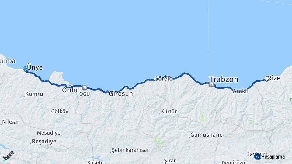 Ordu Ünye Rize Arası Kaç Km - Yol Haritası