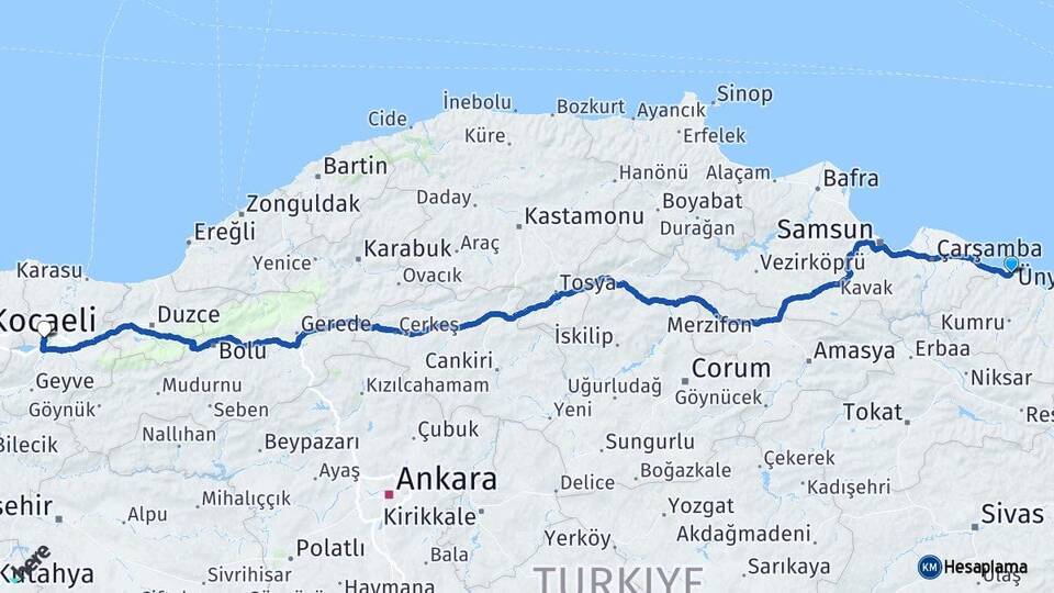 Ordu Ünye Sakarya Arası Kaç Km - Yol Haritası