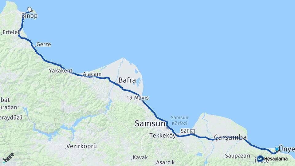 Ordu Ünye Sinop Arası Kaç Km - Yol Haritası