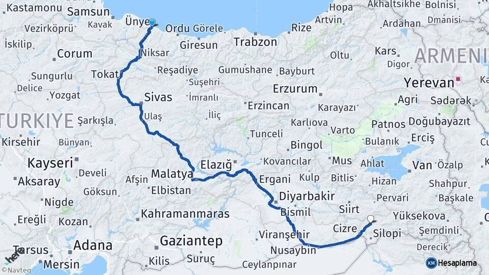Ordu Ünye Şırnak Arası Kaç Km - Yol Haritası