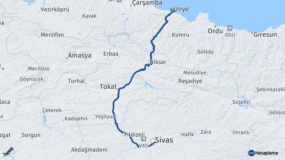 Ordu Ünye Sivas Arası Kaç Km - Yol Haritası